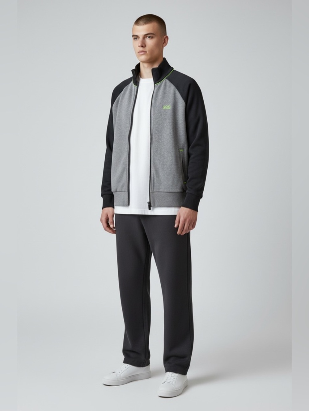 Hugo Boss Grey and Black Track Jacket with Neon Green Trim
